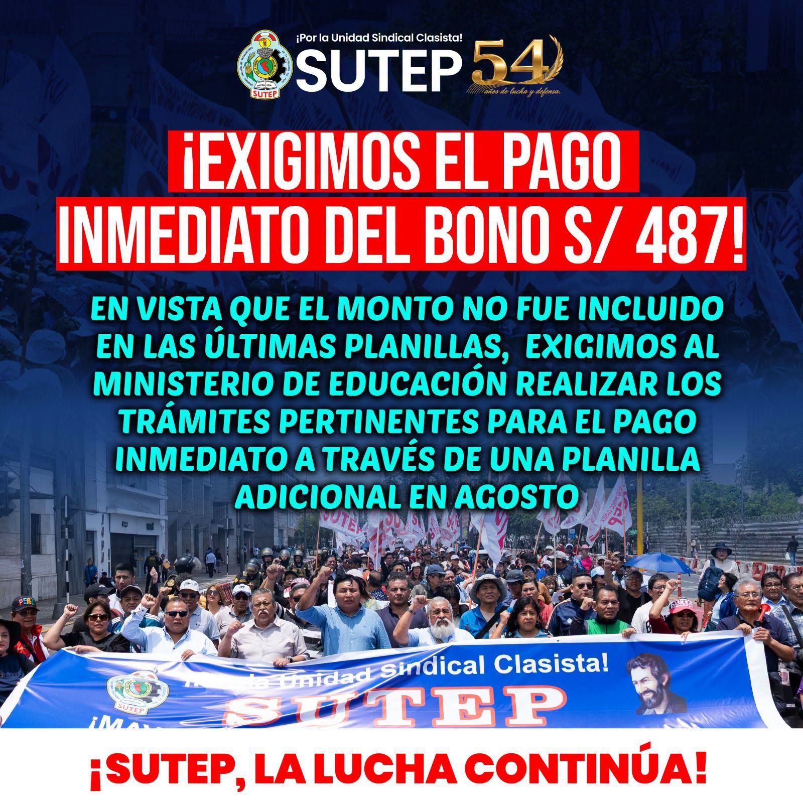 Las bases exigen el pago del bono S/ 487 en agosto
