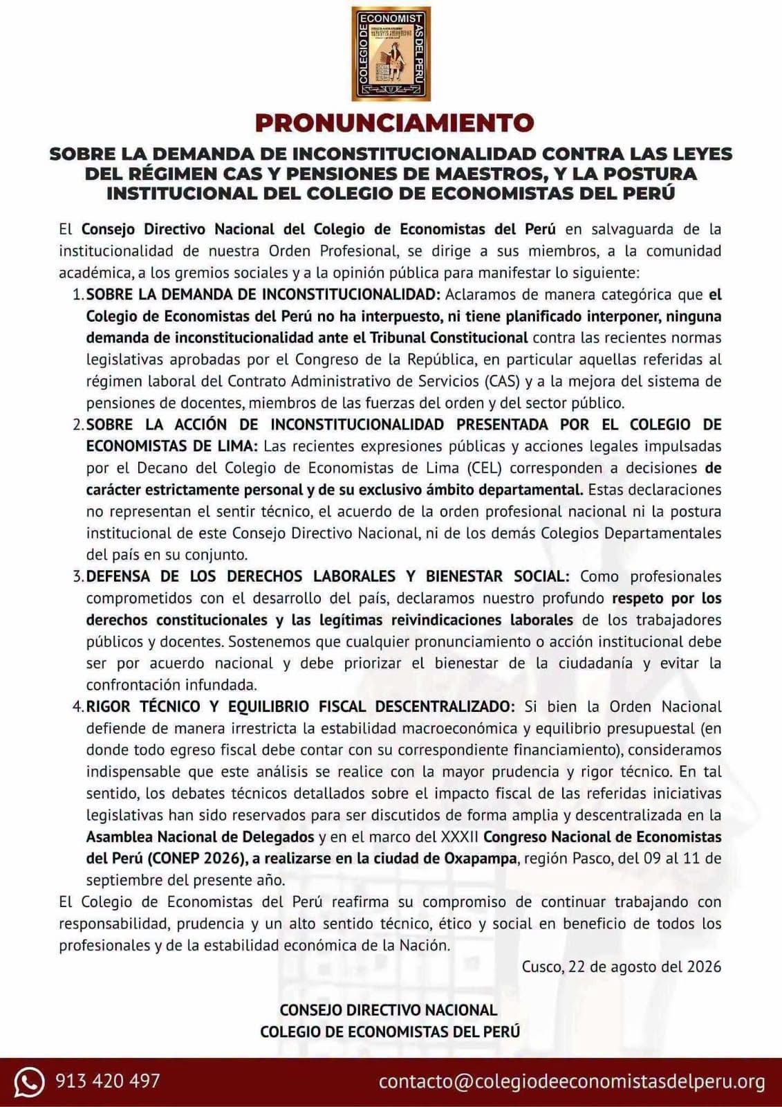 Colegio de Economistas del Perú se distancia de demanda contra la Ley de Pensiones Dignas