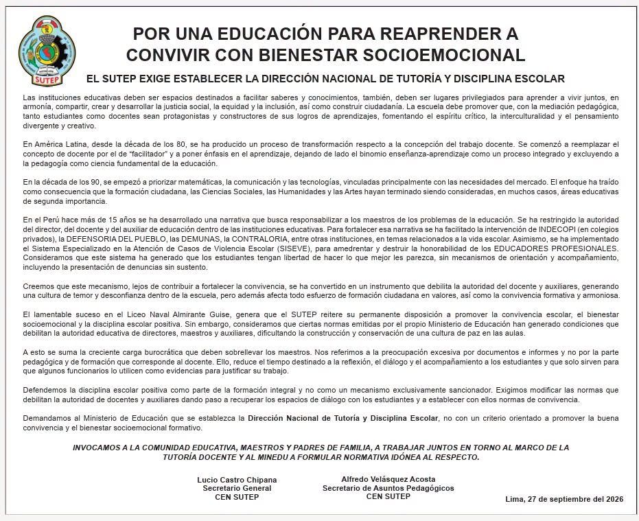 CONVIVIR CON BIENESTAR SOCIOEMOCIONAL EL SUTEP EXIGE ESTABLECER LA DIRECCIÓN NACIONAL DE TUTORÍA Y DISCIPLINA ESCOLAR