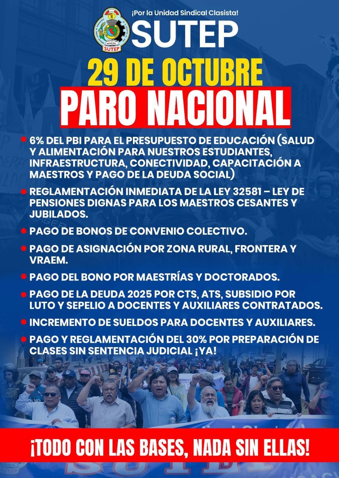  SUTEP convoca a Paro Nacional de 24 horas el Jueves 29 de Octubre