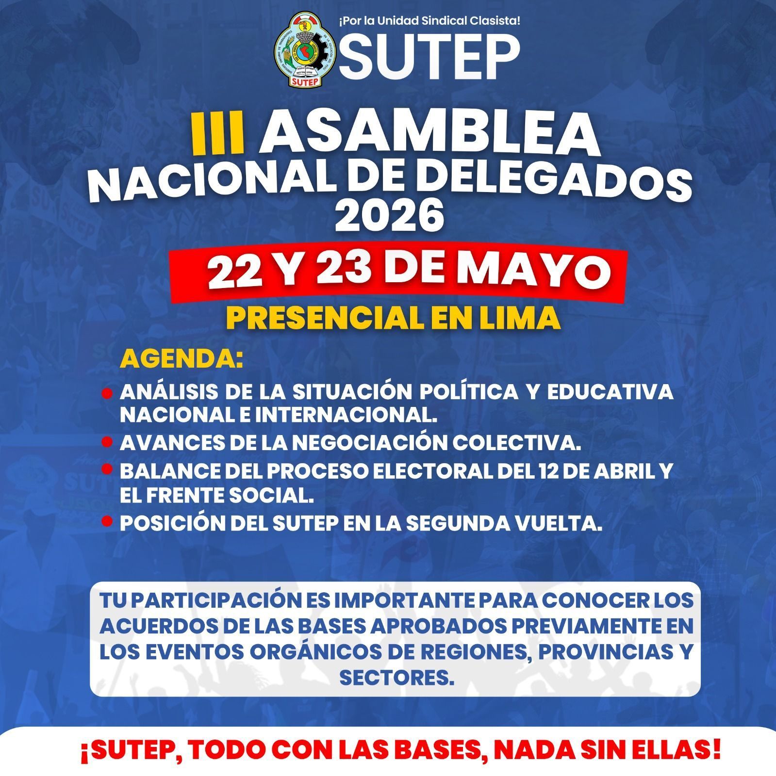 SUTEP convoca a la III Asamblea Nacional de Delegados 2026