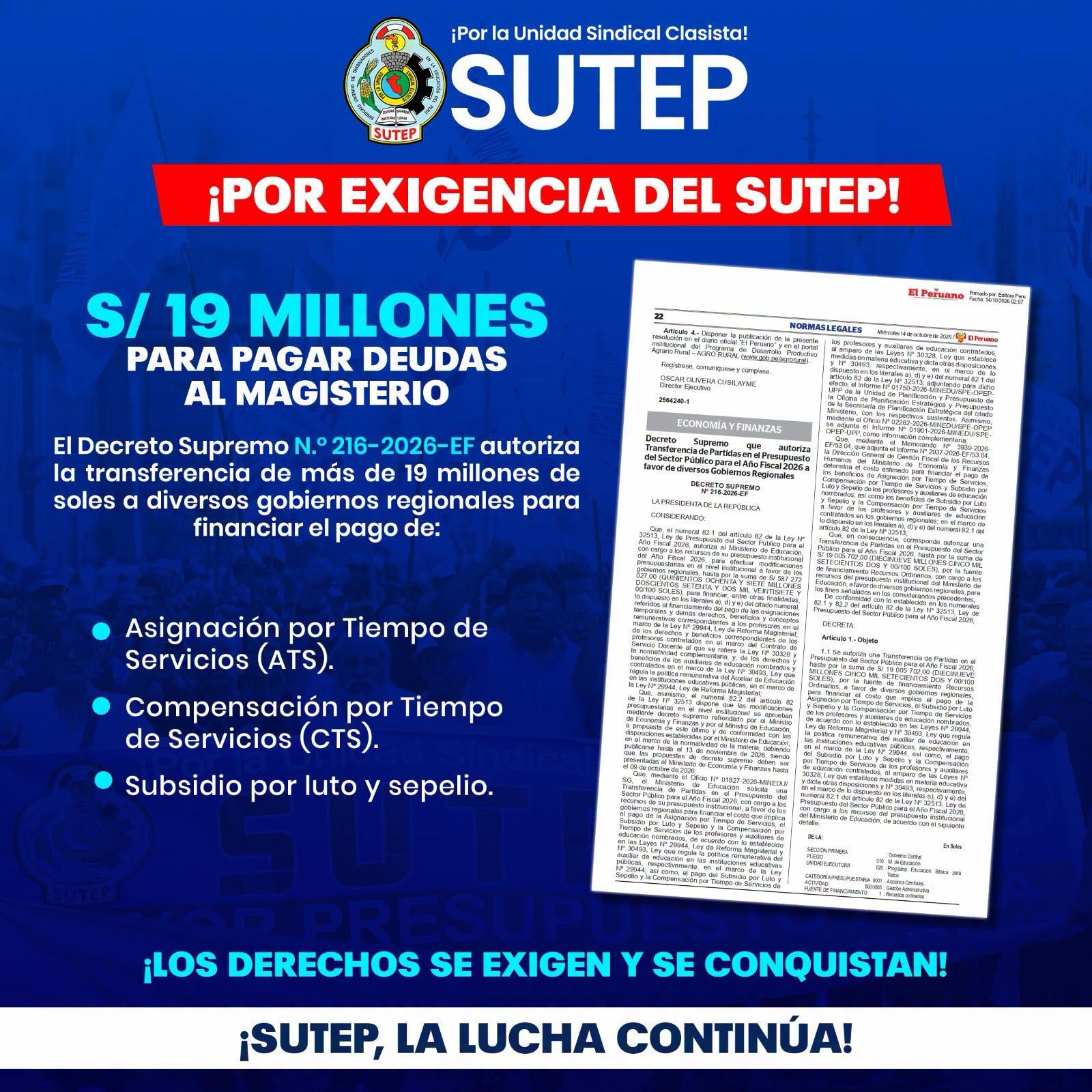 ¡Por exigencia del SUTEP! Gobierno transfiere S/ 19 millones para pagar deudas al magisterio
