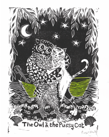 The Owl And The Pussy Cat Linocut Print - Owl And Pussycat Lino Cut - Free Transparent PNG Clipart Images Download. - Owl Transparent PNG Free Download