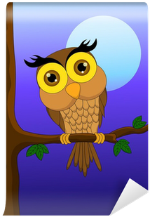 Cartoon Owl Sitting On Tree Branch With Moon Wall Mural - Branch - Free Transparent PNG Clipart Images Download. - Owl Transparent PNG Free Download