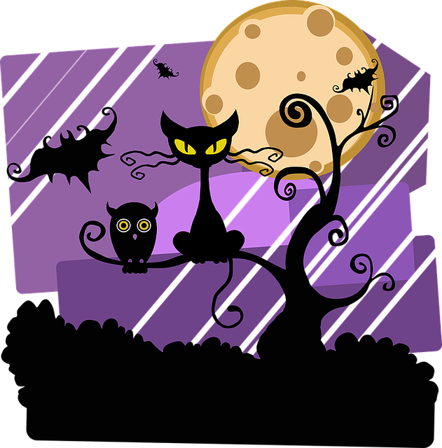Night, Halloween, Moon, Cat, Tree, Outside, Owl, Bat - Halloween Scene Clip Art - Free Transparent PNG Clipart Images Download. - Owl Transparent PNG Free Download
