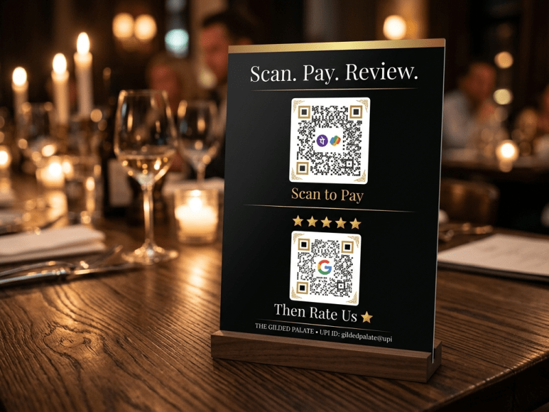 Google Review & UPI Payment QR Stand (2-in-1) — Wooden Base - Buy Online India | TapNConnect