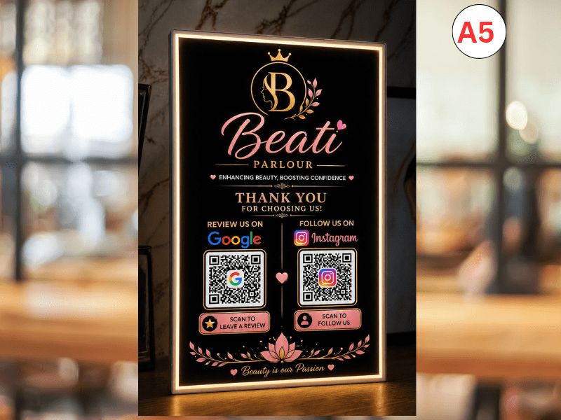 Turn Every Customer Visit into a 5★ Review ⭐ Upgrade your salon with our LED QR Stand — instantly collect Google reviews and grow Instagram followers with a simple scan. - Buy Online India | TapNConnect