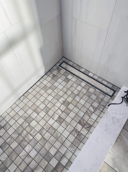 Denville NJ Bathroom 1 - Complete - Detail of shower tile flooring and custom drain Denville NJ Bathroom 1 - Complete - Detail of shower tile flooring and custom drain