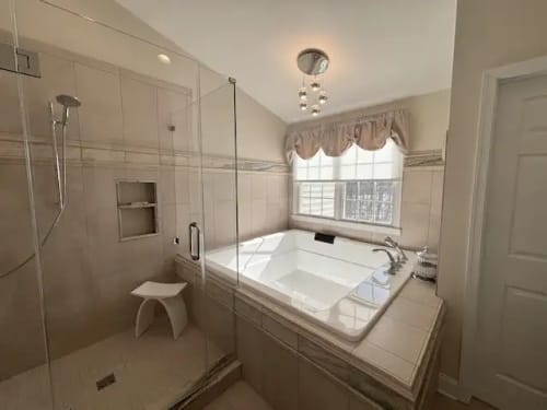 Denville NJ Bathroom 4 - Completed - Glass shower with tile walls and floor, 70 inch square soaking tub Denville NJ Bathroom 4 - Completed - Glass shower with tile walls and floor, 70 inch square soaking tub