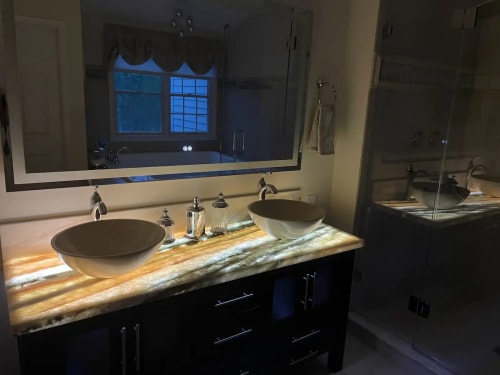 Denville NJ Bathroom 4 - Completed - Underlit vanity with Medusa Quartzite countertop, double sinks and large lit mirror Denville NJ Bathroom 4 - Completed - Underlit vanity with Medusa Quartzite countertop, double sinks and large lit mirror