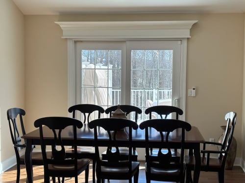 Denville NJ Kitchen - Custom cornice above sliding doors in eat-in-kitchen area Denville NJ Kitchen - Custom cornice above sliding doors in eat-in-kitchen area