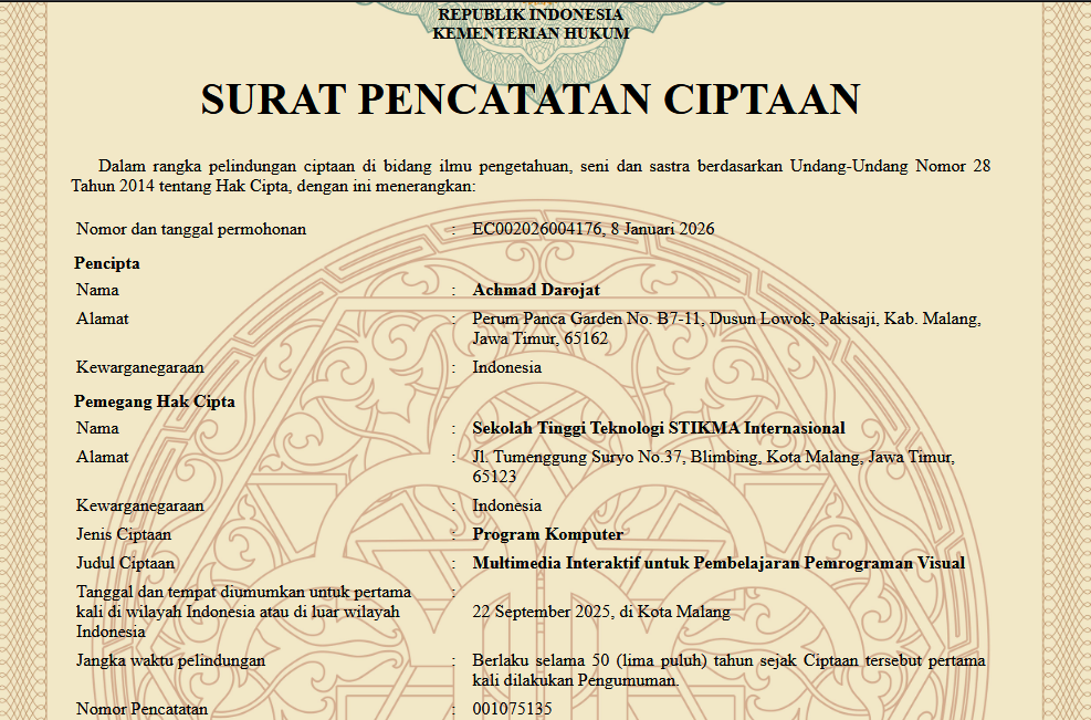  Selamat Atas Terbitnya Sertifikat Hak Cipta Program Komputer “Multimedia Interaktif untuk Pembelajaran Pemrograman Visual”