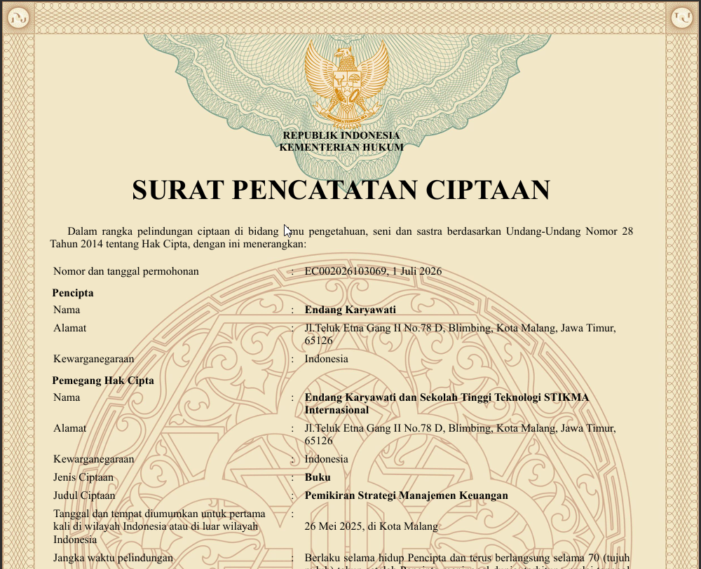 Selamat Atas Terbitnya Sertifikat Hak Cipta Buku dengan Judul “Pemikiran Strategi Manajemen Keuangan”