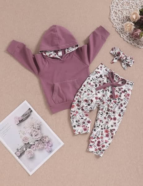 Baby Girl Clothes,Hoodie Tops Floral Pant with Cute Headband thumbnail 2