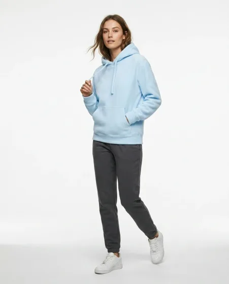 Model Shot result — light blue hoodie on a female model with professional studio look