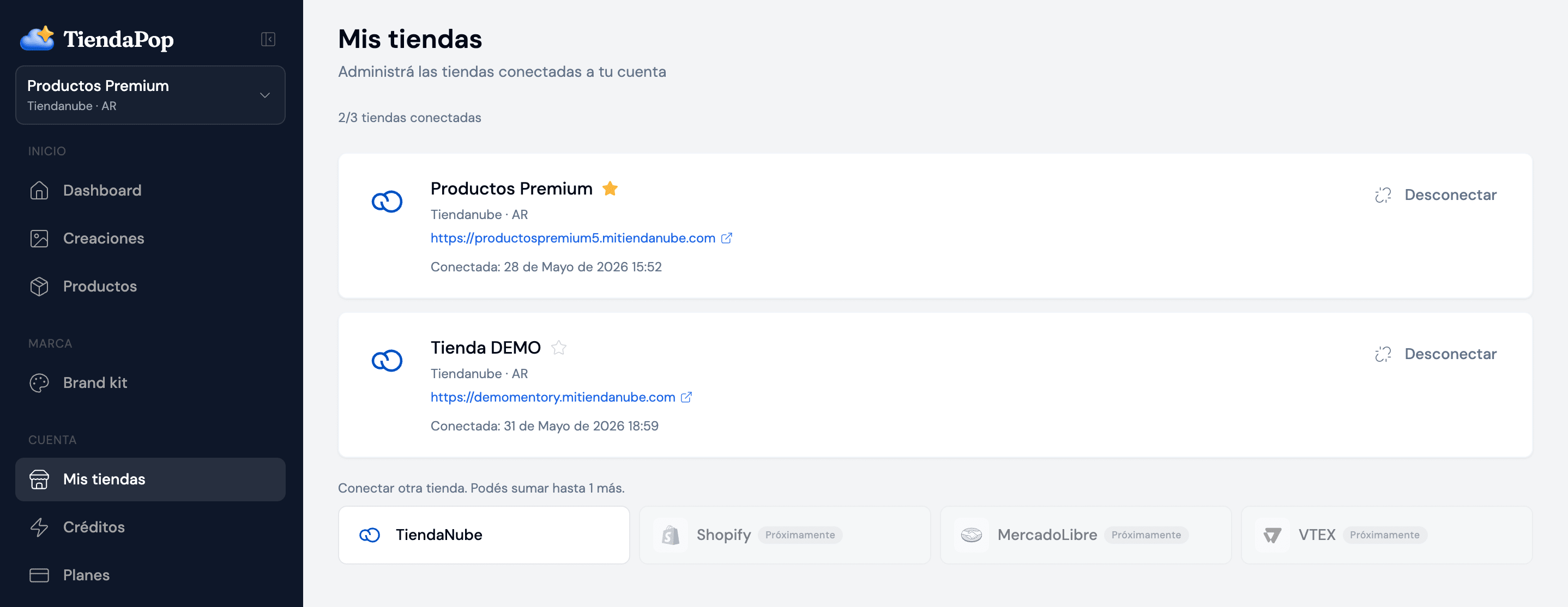 Panel para gestionar varias tiendas online desde una cuenta en TiendaPop, con dos tiendas conectadas