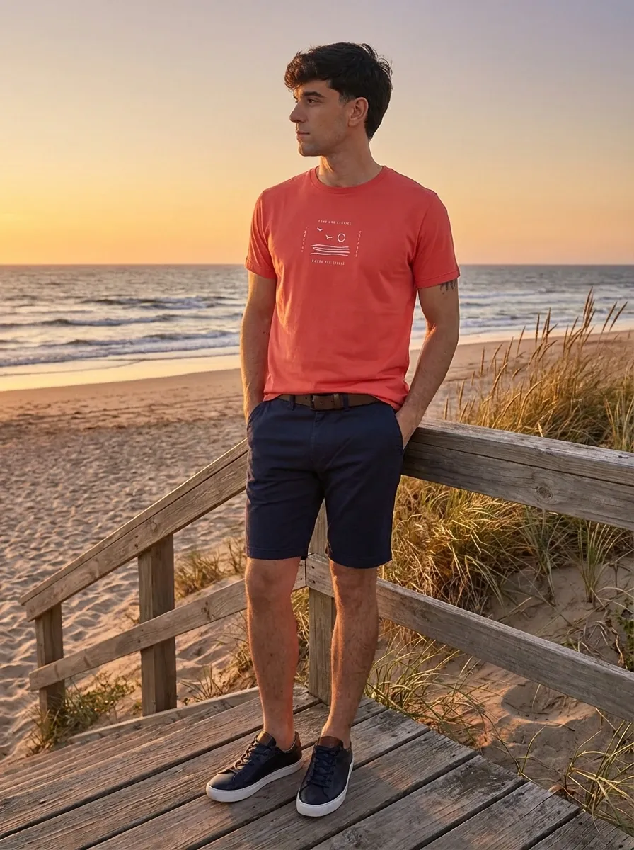 Outfit completo generado con IA mostrando remera, bermuda y cinturón