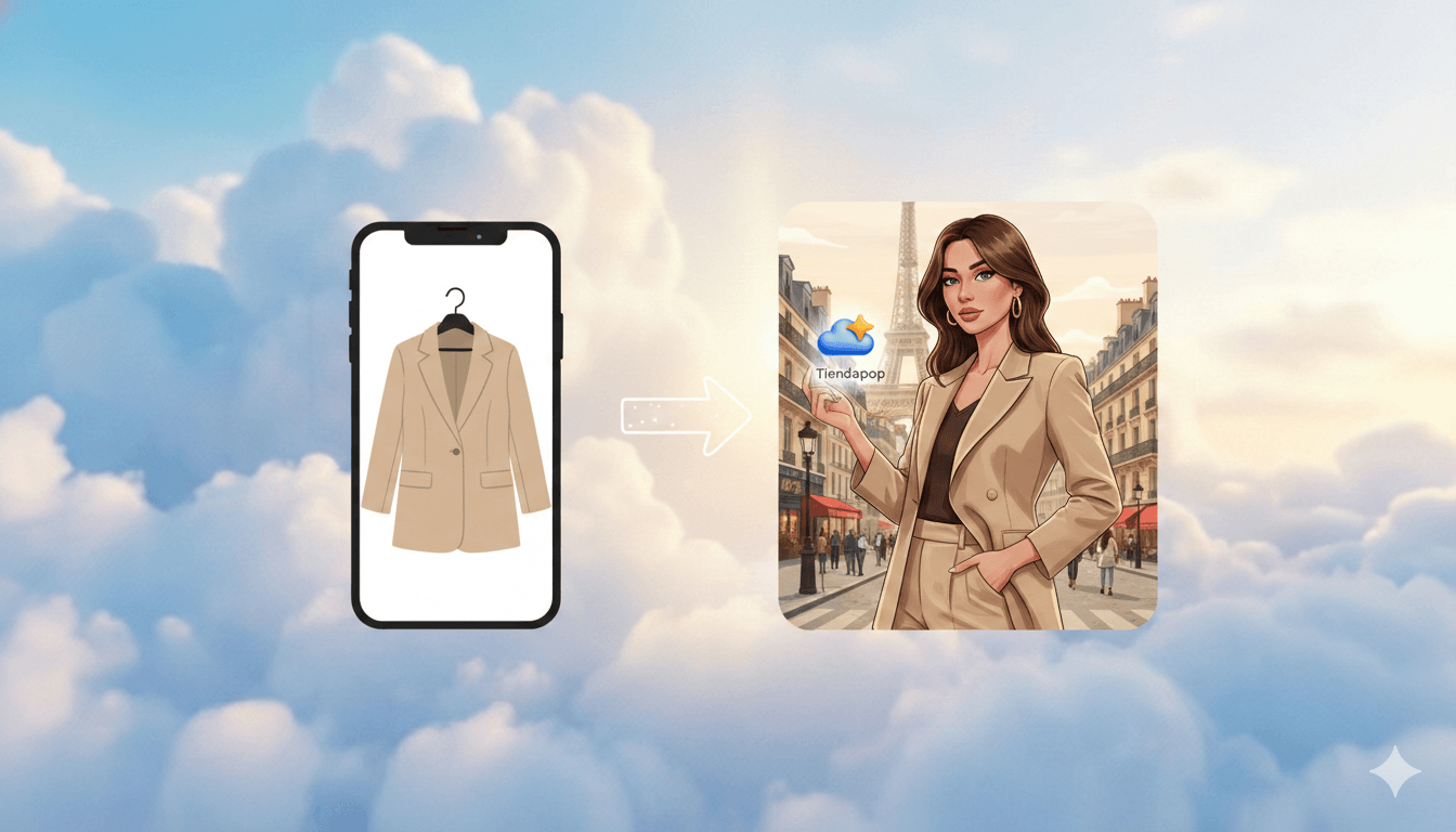 De imagen en una percha a imagen generada con IA con la modelo con la inducmentaria de tu marca