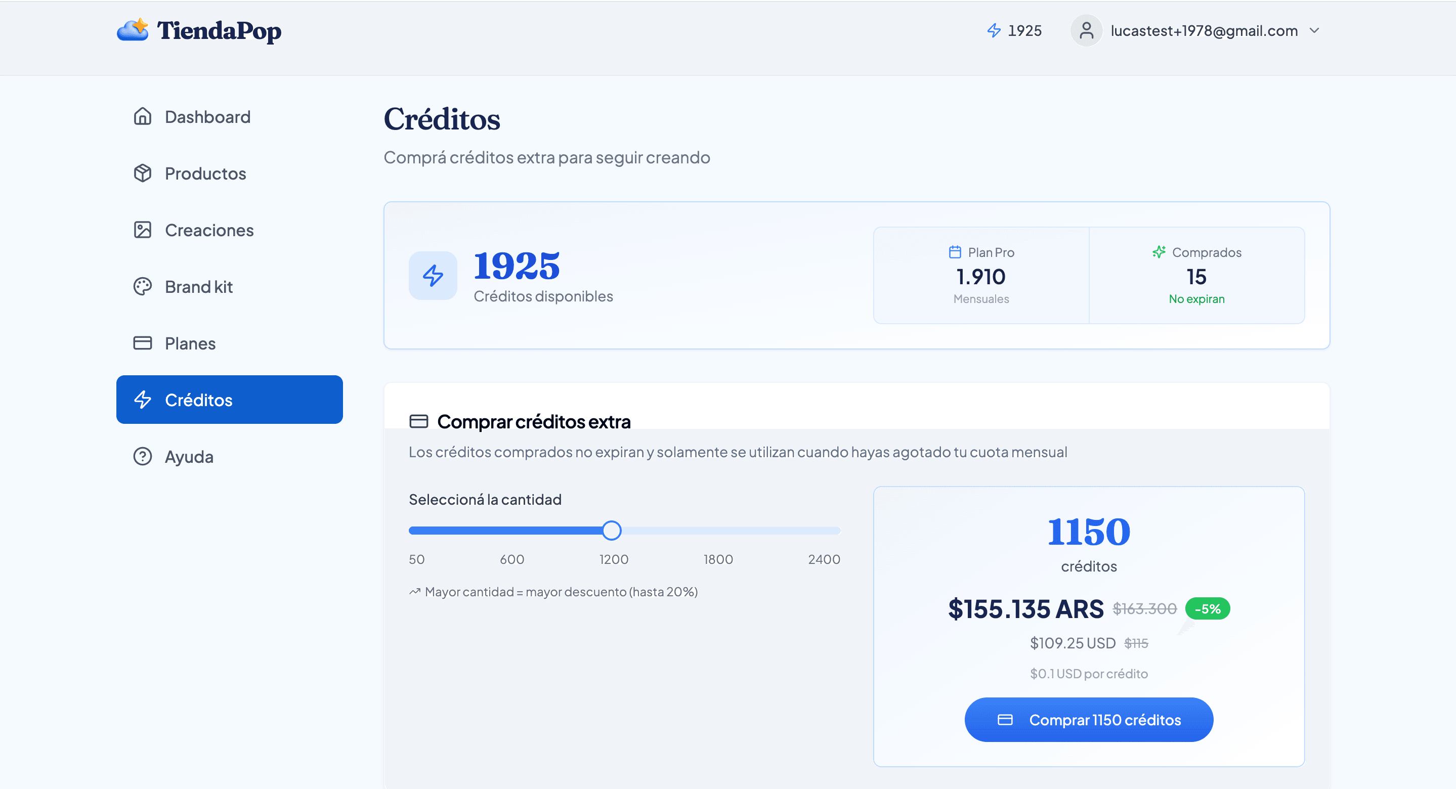 Comprar créditos extra en TiendaPop Plan Pro para seguir generando imágenes de productos con IA