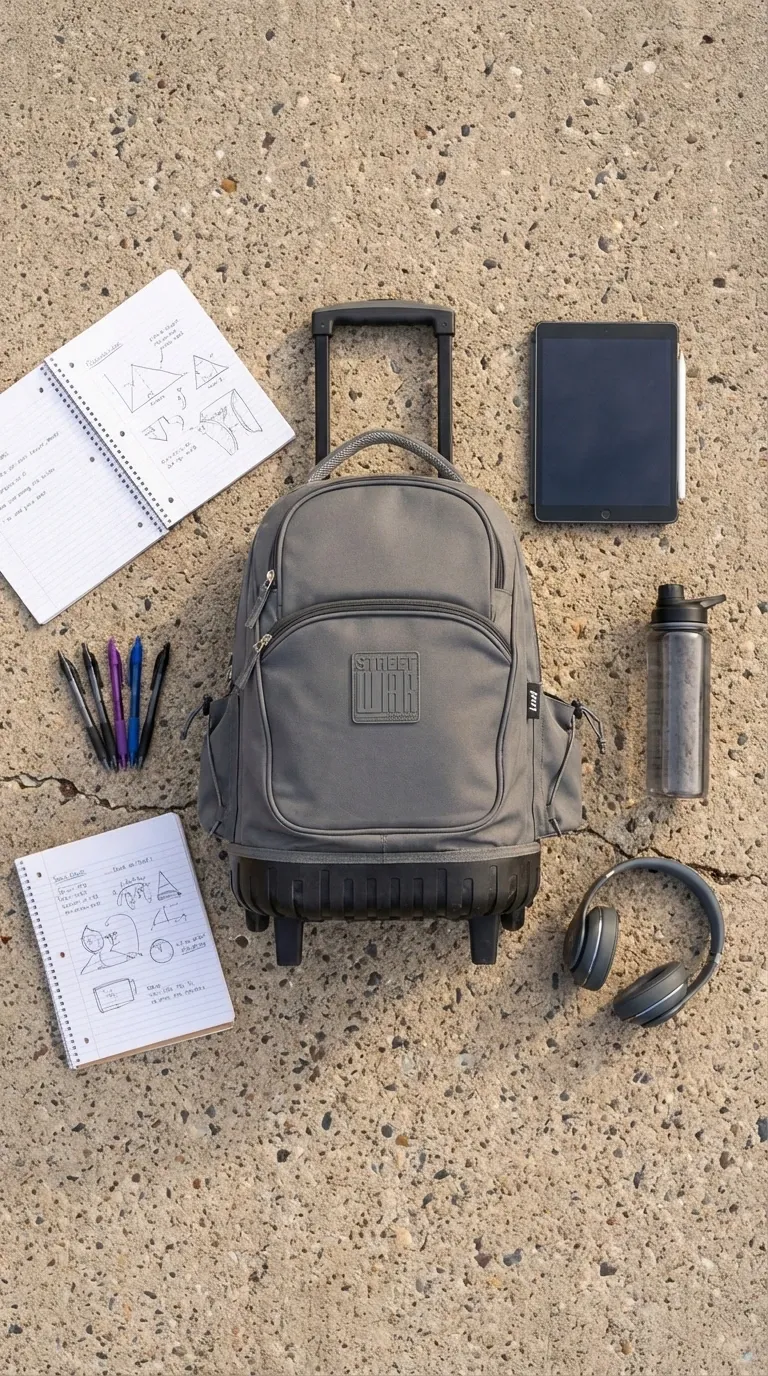 Imagen flat lay de mochila Cecchini generada con TiendaPop para Vuelta a Clases y fichas en Tiendanube