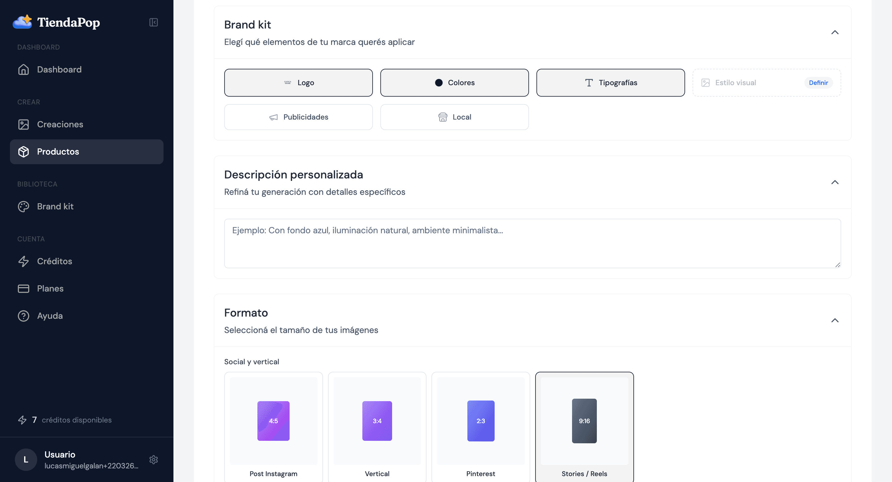 Pantalla principal del Brand Kit en TiendaPop con el campo para escanear la URL del sitio y detectar logos, colores y tipografías automáticamente