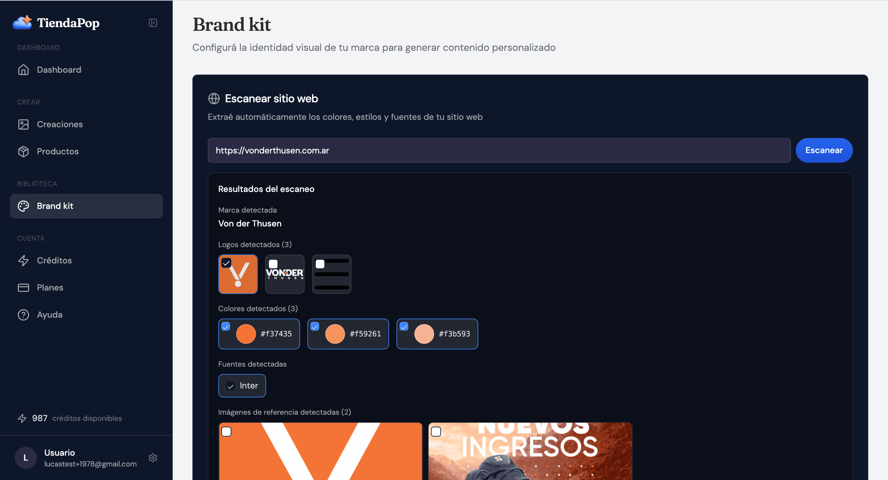 Brand Kit scan results in TiendaPop — logos, colors, fonts and visual references detected