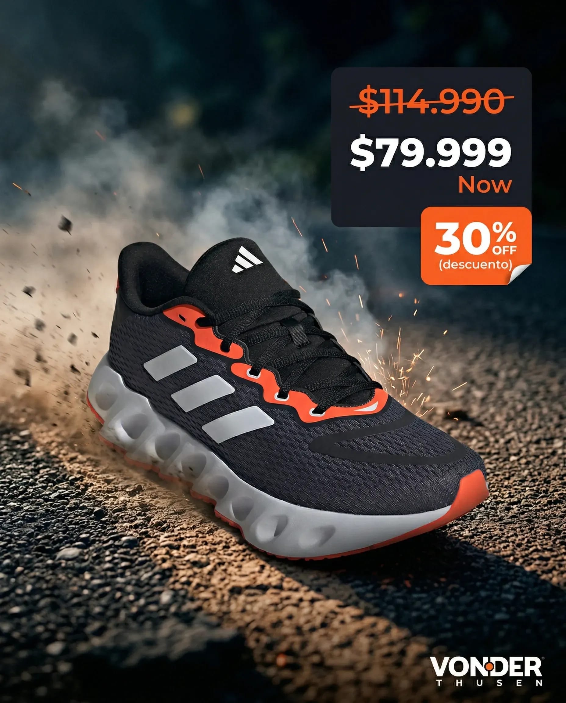 Creatividad para Meta Ads generada con TiendaPop — zapatilla Adidas en acción con precio Hot Sale formato cuadrado