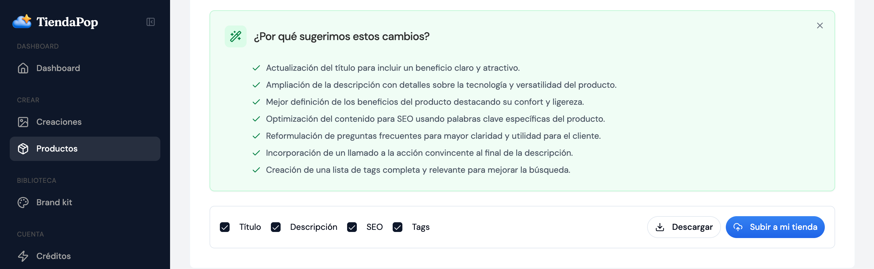 Bloque de TiendaPop que explica al seller por qué se hicieron cambios en la ficha