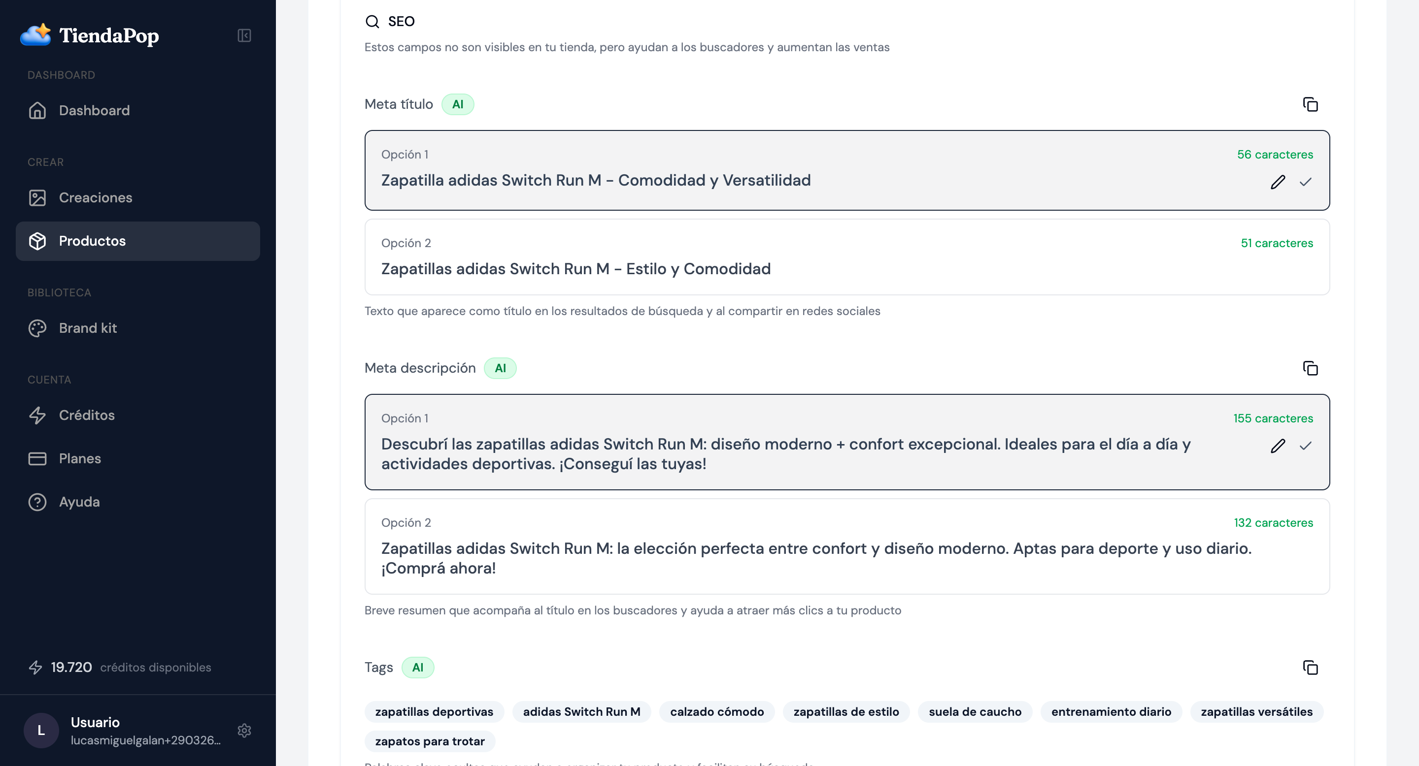 Meta título, meta descripción y tags generados por TiendaPop