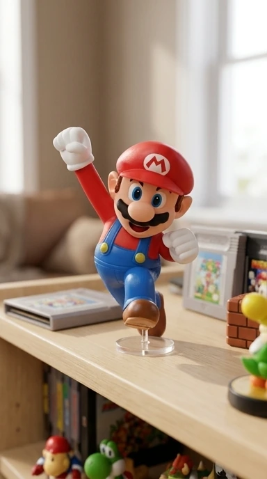 Imagem lifestyle de Mario Bros sobre mesa gamer com Game Boy e Yoshi