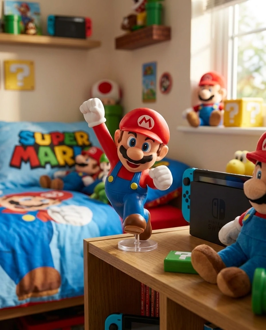 Figura Mario Bros en cuarto temático con Nintendo Switch y peluche