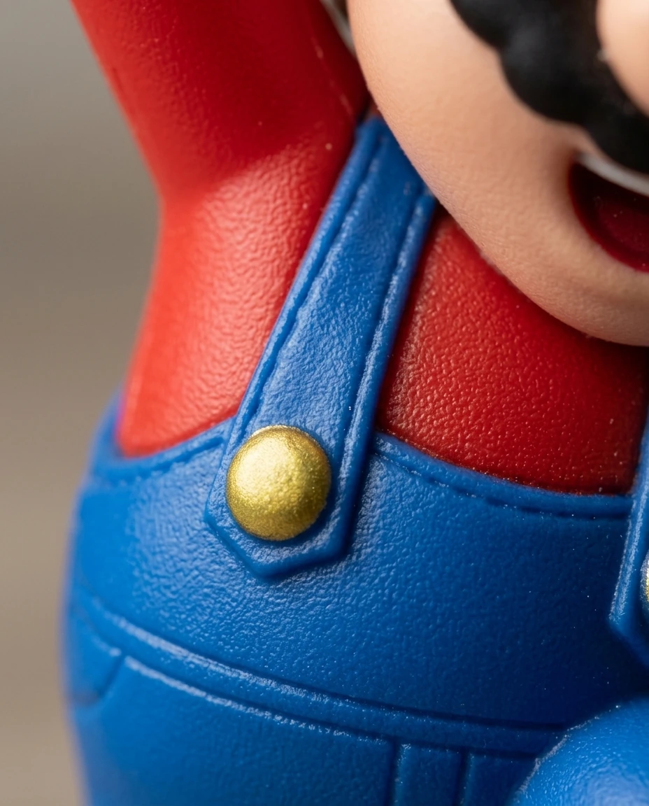 Macro detalhe do macacão de Mario Bros com botão dourado