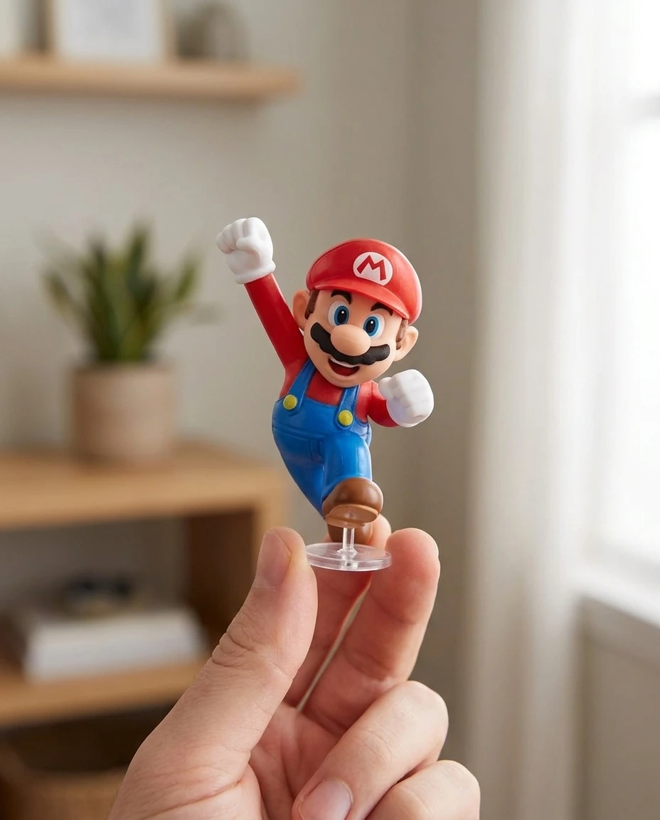 Flat Lay editorial com Mario Bros em fundo verde e azul