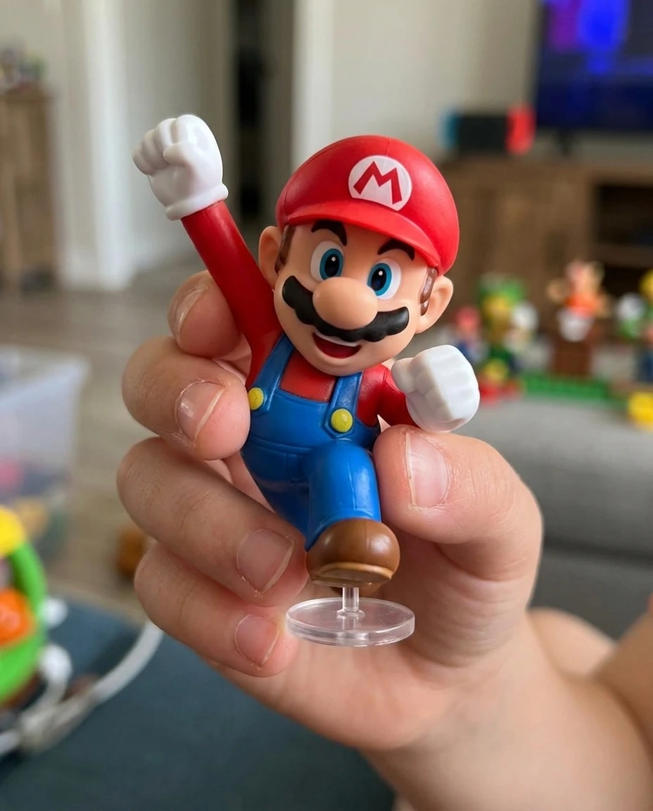 Mario Bros com personagens Toad, Peach e Shy Guy