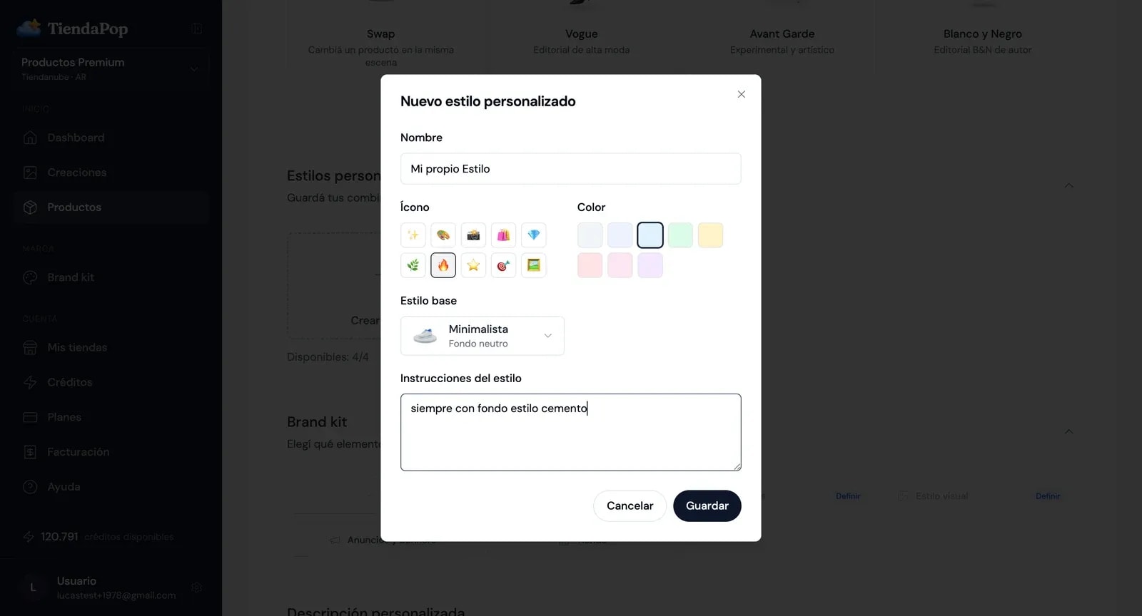 Criar um estilo personalizado no TiendaPop com nome, estilo base e instruções