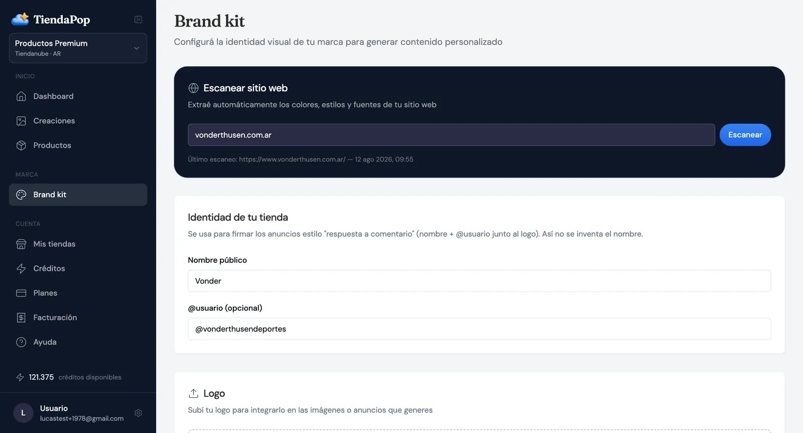 Campos Nome público e usuário de redes no Brand Kit do TiendaPop