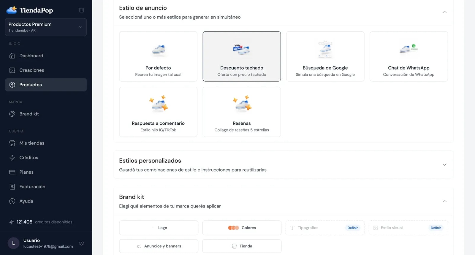 Os cinco estilos de anúncio no TiendaPop para criativos de anúncios de produtos