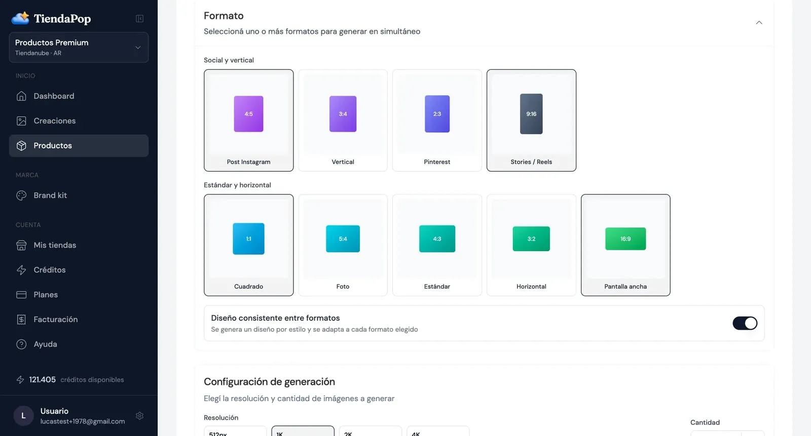 Seleção múltipla de formatos e o botão de design consistente entre formatos