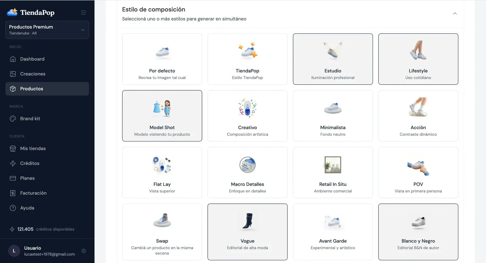 Seleção múltipla de estilos de composição para automatizar conteúdo de loja virtual