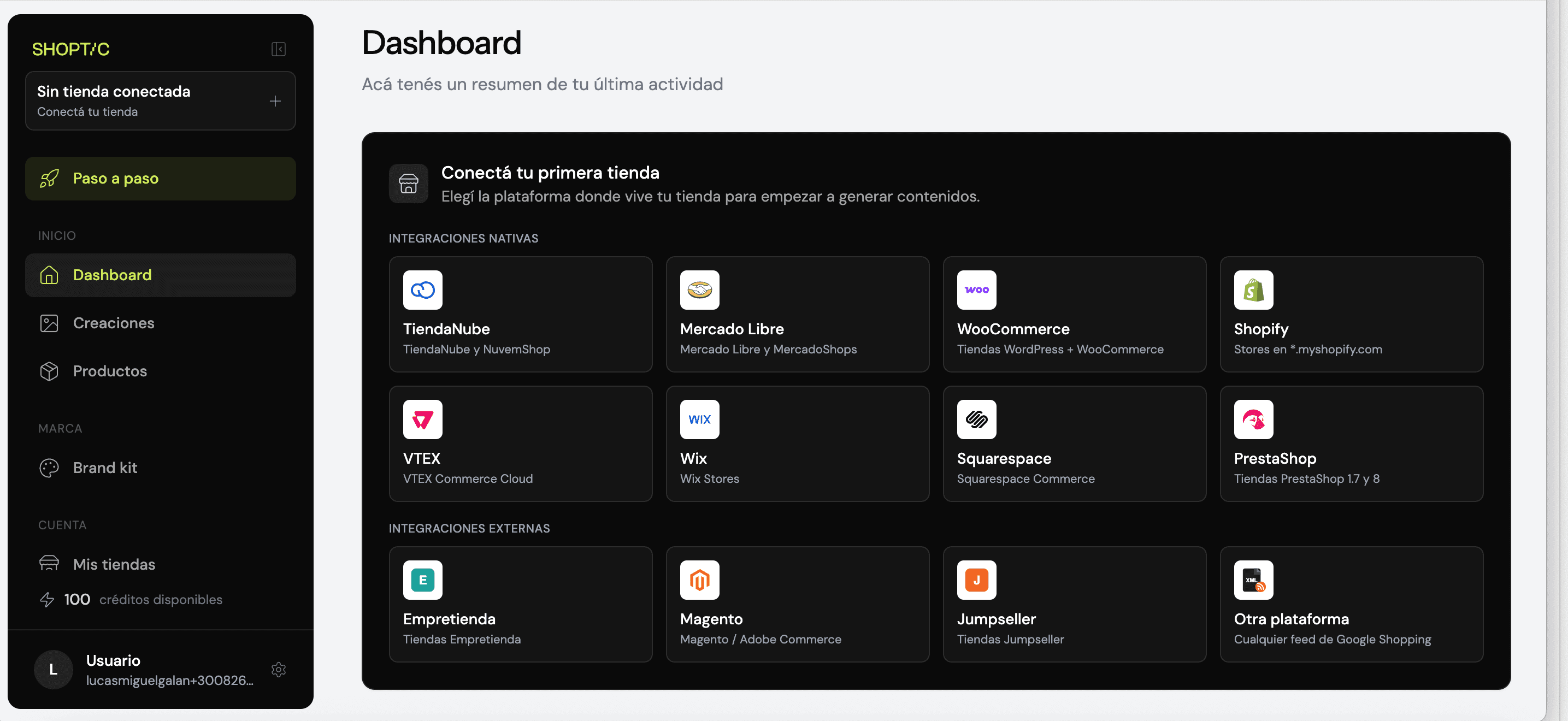 Shoptic integrations screen showing the native and external ecommerce platforms available to connect your store