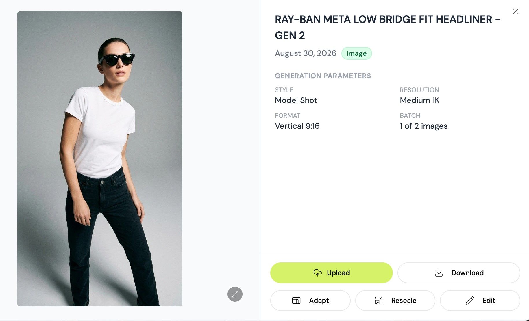 Upload button to send an AI-generated image to your store in Shoptic, next to the download, adapt, rescale and edit options