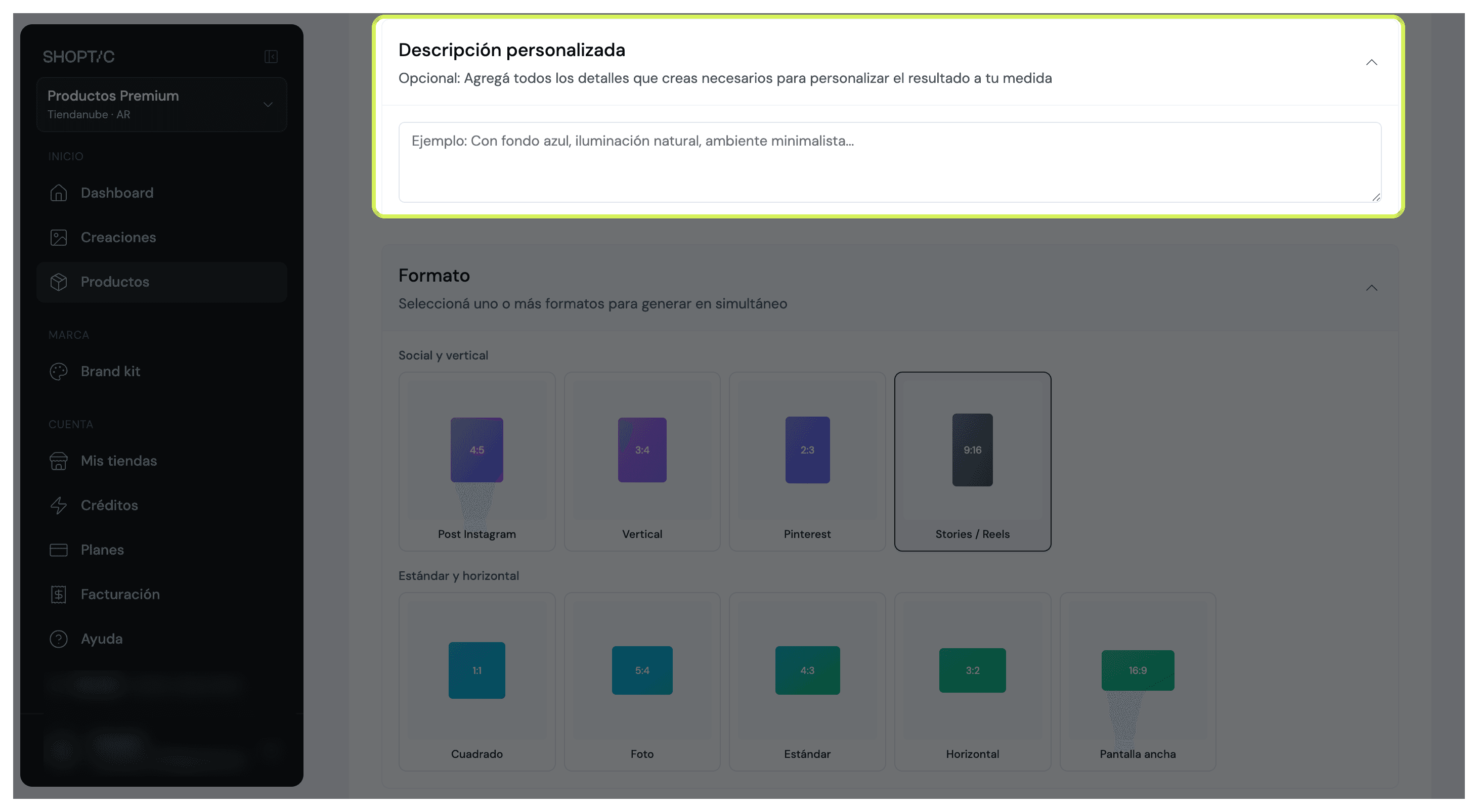 Campo de Descripción Personalizada en Shoptic para instrucciones de generación de imágenes con IA