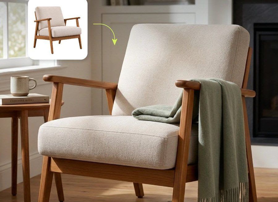 Antes y después de una foto de producto con IA: la foto de catálogo del sillón y el mismo sillón ambientado en un living
