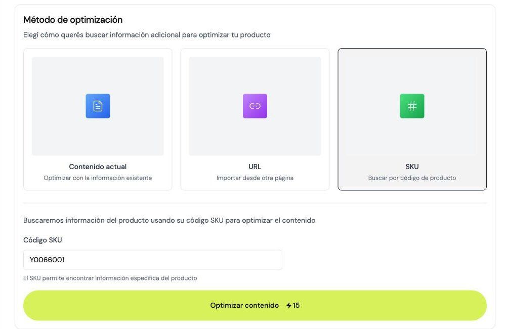 Pestaña Contenido de Shoptic con el método SKU elegido para generar la ficha de producto con SEO