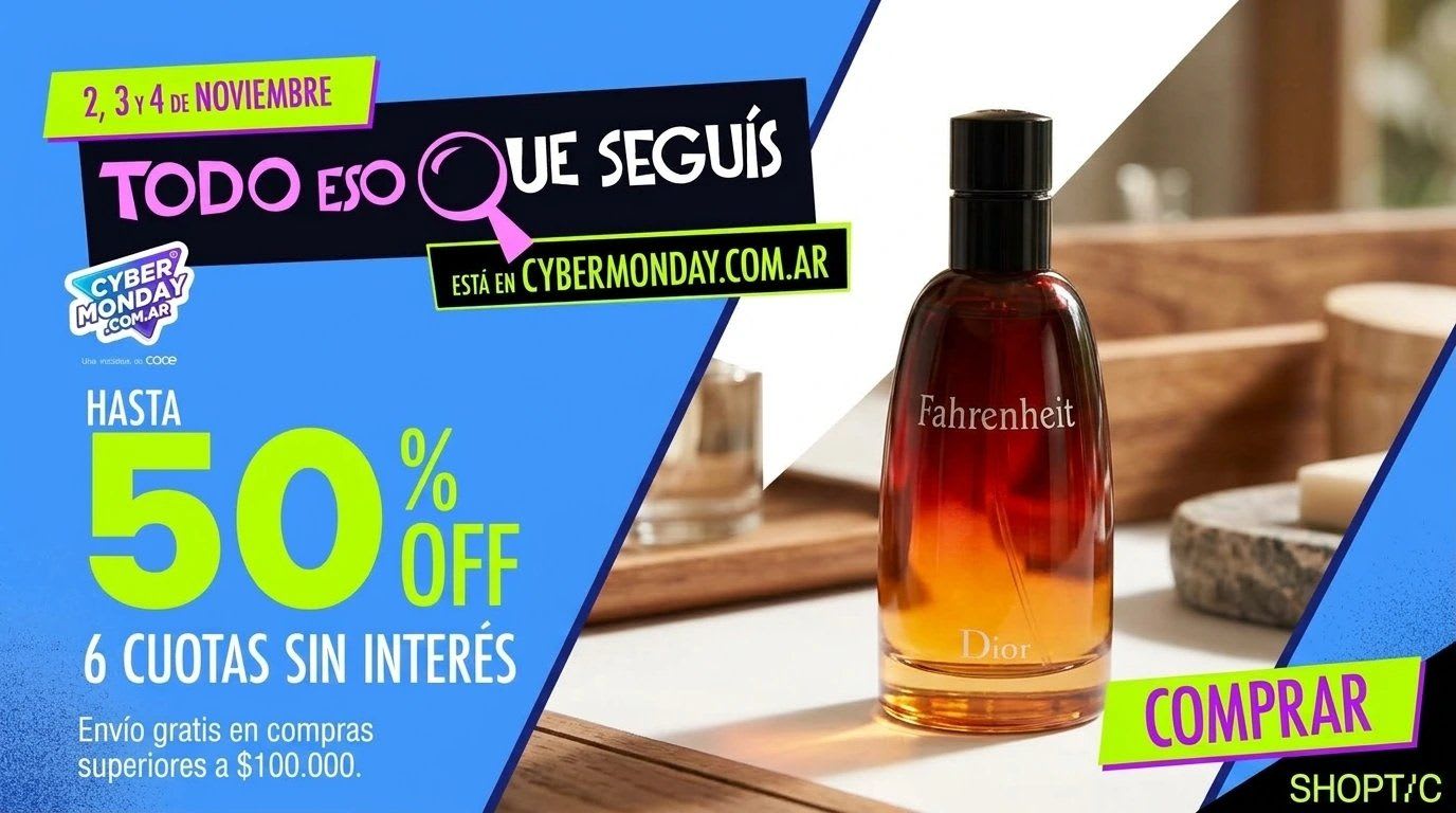 Banner para la home de un ecommerce en el Cyber Monday 2026: perfume con hasta 50% off, 6 cuotas sin interés y envío gratis, generado con IA
