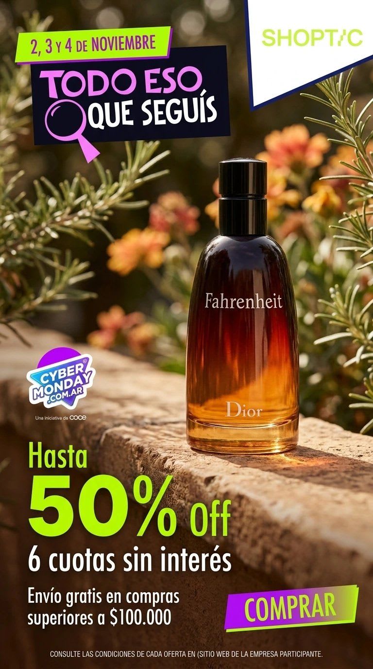 Pieza vertical para Cyber Monday 2026 generada con IA: perfume en exterior con hasta 50% off, 6 cuotas sin interés y envío gratis