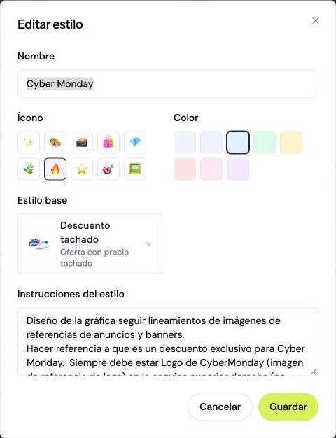 Formulario para crear estilos personalizados en Shoptic: nombre, ícono, color, estilo base e instrucciones