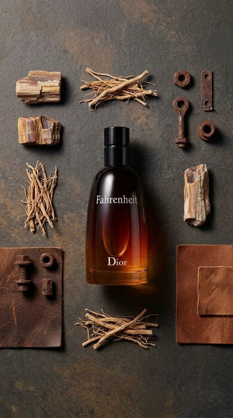 Foto de producto flat lay generada con IA: perfume rodeado de madera, cuero y raíces que evocan sus notas