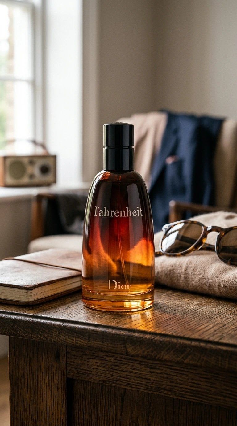 Foto de producto lifestyle generada con IA: perfume sobre una mesa de madera en un ambiente cotidiano