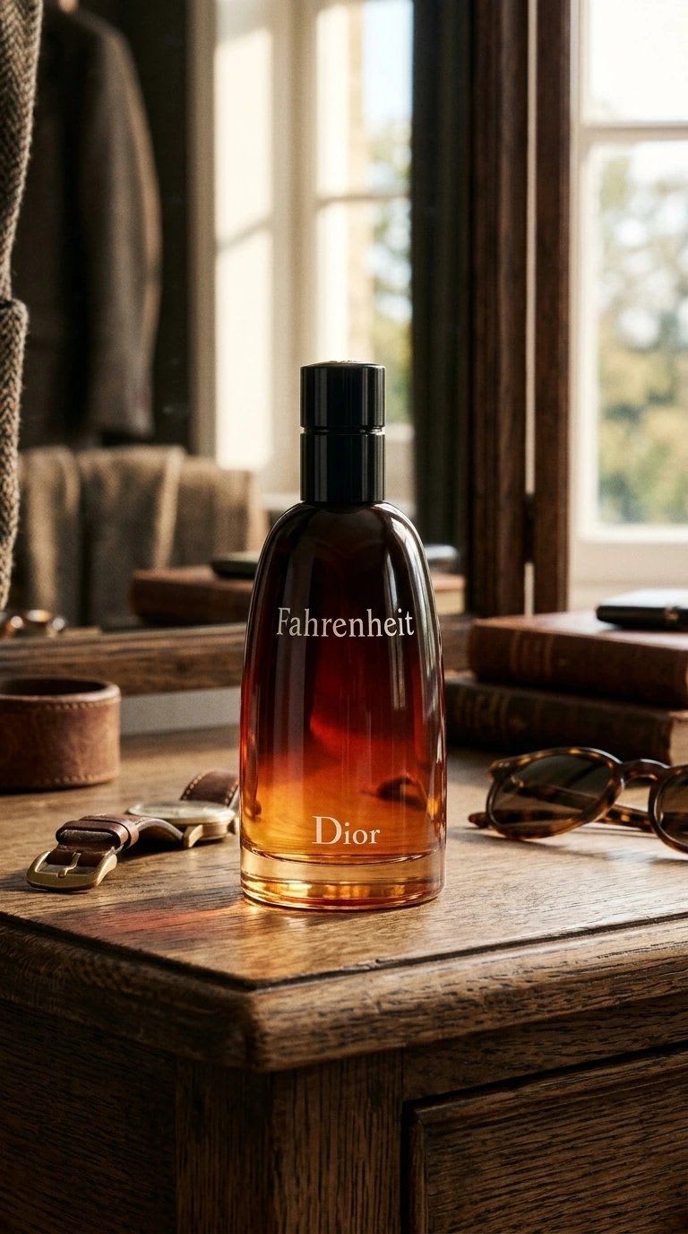 Foto de producto lifestyle generada con IA: perfume sobre un escritorio de madera junto a una ventana, con reloj y anteojos